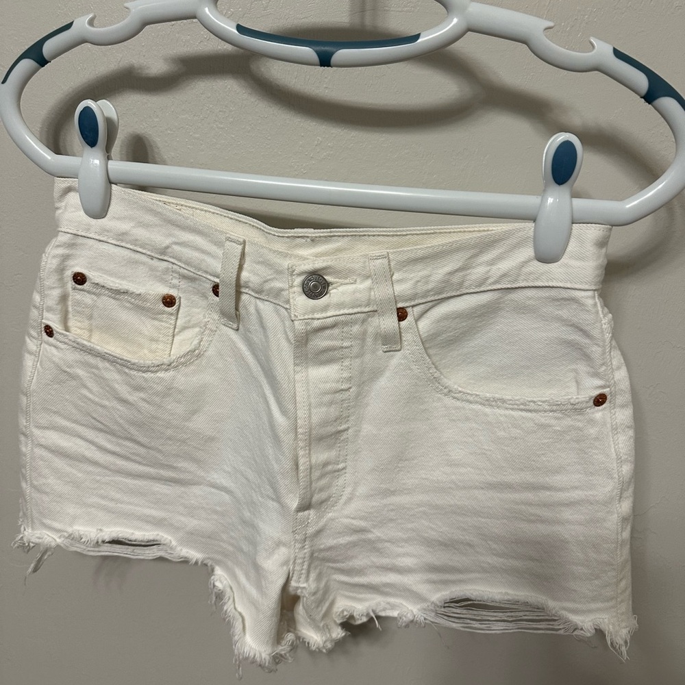 Levi's White Jean Shorts Frayed Hem Denim